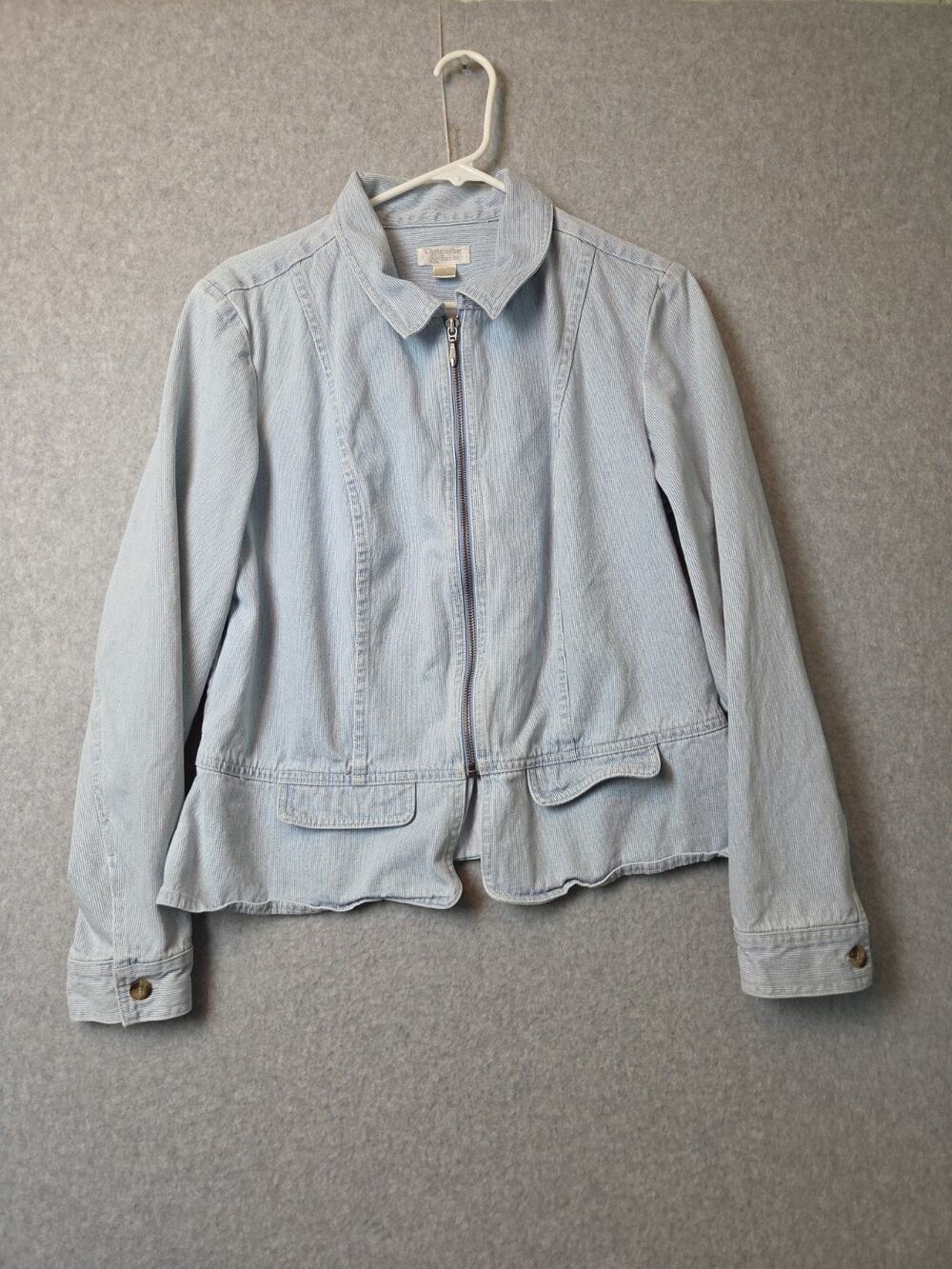 Christopher & Banks Cotton Blue Striped LS Light Wash Zip Up Denim Jacket Large